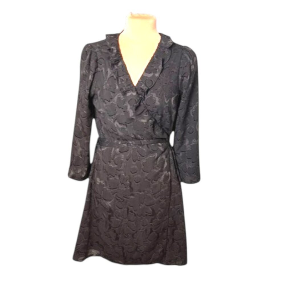 Madewell Black Floral Jacquard Wrap Dress Ruffle V-Neck Size Small